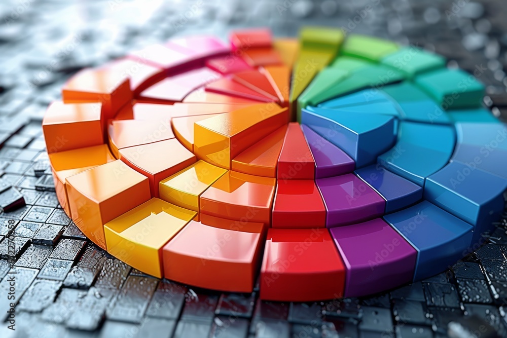 Poster this 3d pie chart showcases multiple levels with vibrant color differentiation in a futuristic setup