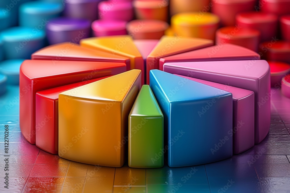 Poster multiple 3d pie charts stacked create a striking image of organized data in a variety of colors