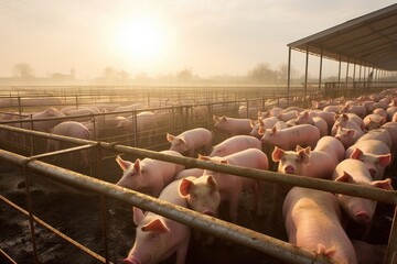 Peaceful scene of pigs in a barn as the sun rises, Morning glow illuminating pigs inside a rustic barn. pigs farm photo