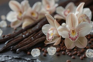 A detailed close-up of white orchids with pink speckles and a collection of vanilla pods presented artistically
