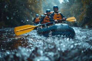 Fototapeta premium An exhilarating image capturing a group of adventurers whitewater rafting in a river while rain pours down, accentuating the adrenaline-packed moment