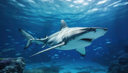 Fototapeta premium The great White Shark in the ocean, portrait of White shark hunting prey in the underwater