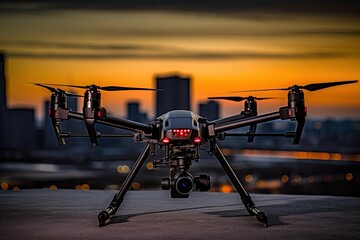 Aerial view of cityscape with drone flying at twilight, Drone hovering over urban skyline during...