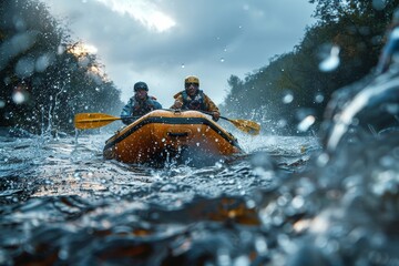 A group of kayakers are shown mid-stroke as they paddle through a serene river setting, shrouded by...