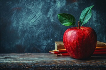 A vibrant red apple with green leaves stands prominently on a rustic wooden table alongside colorful pencils and books, suggesting themes of education and healthy eating - Powered by Adobe