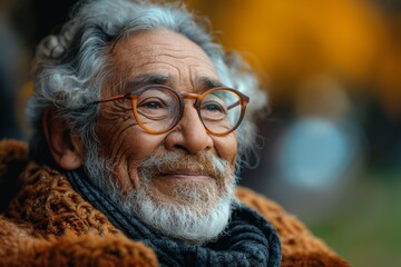 A senior man with a warm smile and circular glasses enjoys a crisp autumn day, surrounded by fall colors