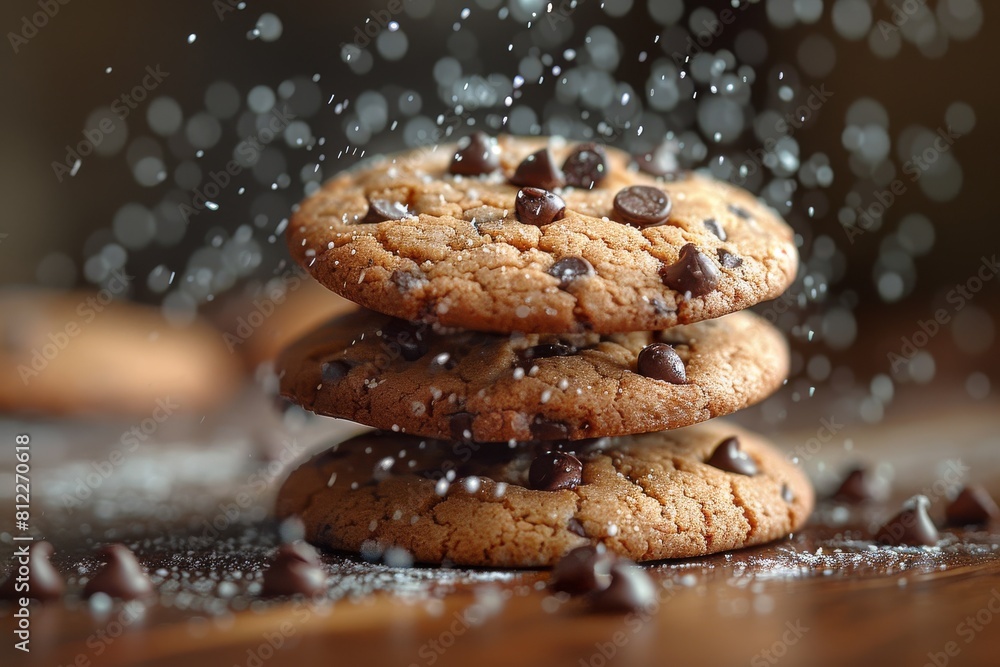 Poster close-up image of stacked chocolate chip cookies with fine sugar sprinkled on them, creating a magic
