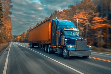 A dynamic image of a semitrailer truck in motion, captured with a blurred background of autumn...