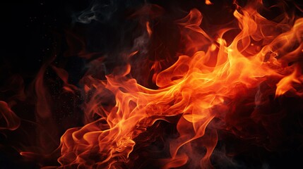 Fiery blaze against the dark background, Intense flame on a black canvas