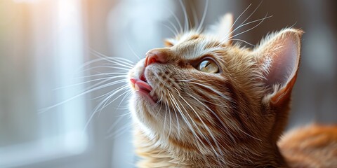 Picture of cat looking up with tongue out, concept of care and maintenance of pets, cat looking at...