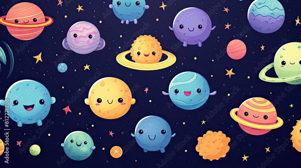 Poster pattern featuring colorful planets and stars on a dark background, perfect for space enthusiasts.