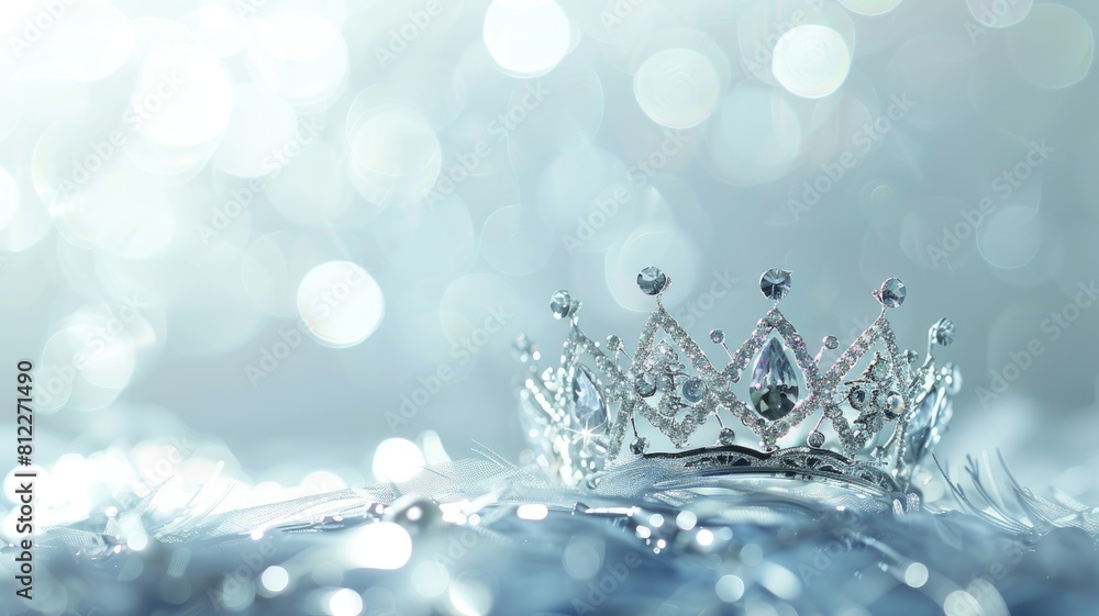 Poster sparkling crown resting on reflective surface with bokeh background
