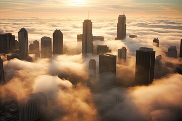 City skyline peeking through clouds, creating a dreamy and mystical atmosphere.
