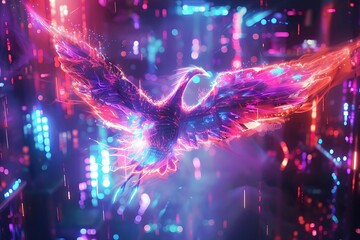 A futuristic phoenix made of plasma and electricity, flying through a city of glowing neon lights