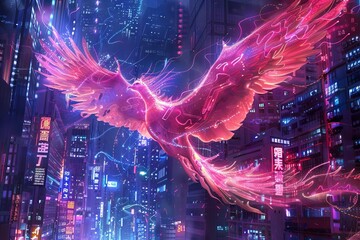 A futuristic phoenix made of plasma and electricity, flying through a city of glowing neon lights