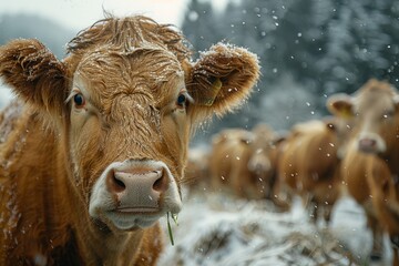 An alert brown cow with snowflakes on its fur stands in a wintry pasture with herd
