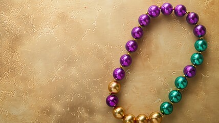 Mardi Gras beads in purple, green, and gold arranged semi-circle on textured golden background