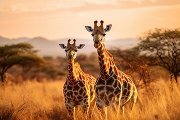 Two giraffes standing in tall grass, with one giraffe bending its long neck to reach the leaves. - Powered by Adobe