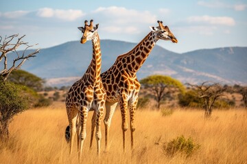 Two giraffes standing in tall grass, with one giraffe bending its long neck to reach the leaves.