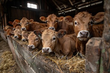 A group of cows feeding on hay inside a classic wooden barn, captured in a serene rural setting