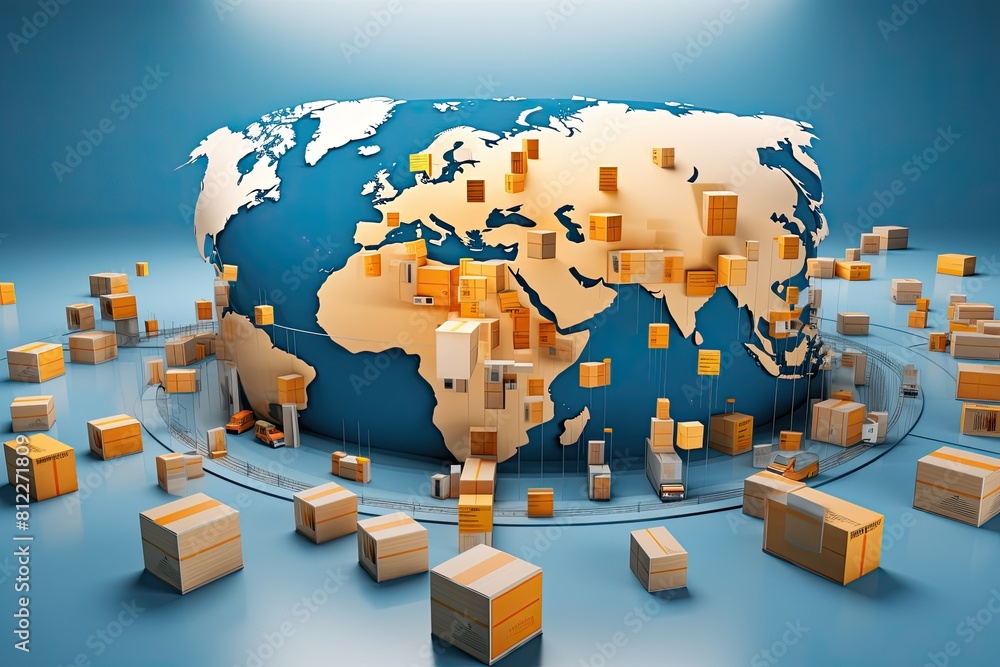 Aufkleber The world map surrounded by boxes, representing globalization and interconnectedness.