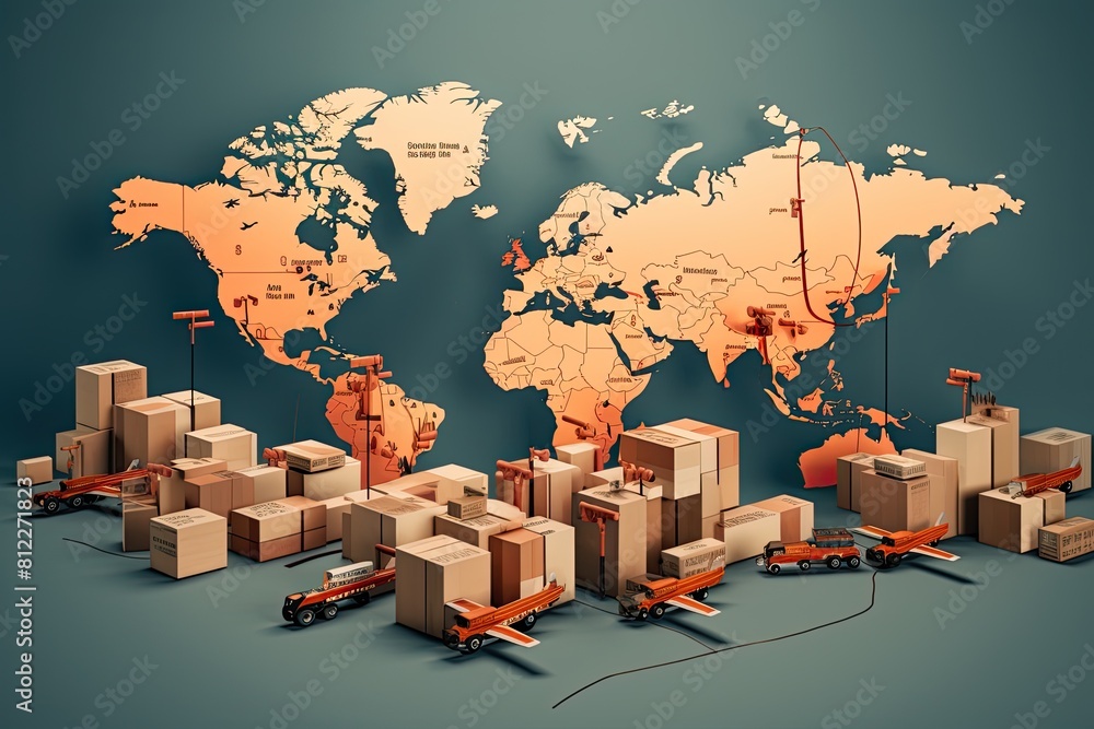 Poster the world map surrounded by boxes, representing globalization and interconnectedness.