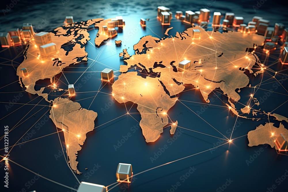Poster The world map surrounded by boxes, representing globalization and interconnectedness.