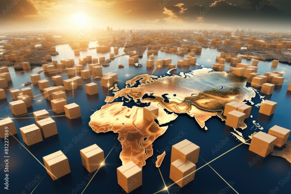 Poster The world map surrounded by boxes, representing globalization and interconnectedness.