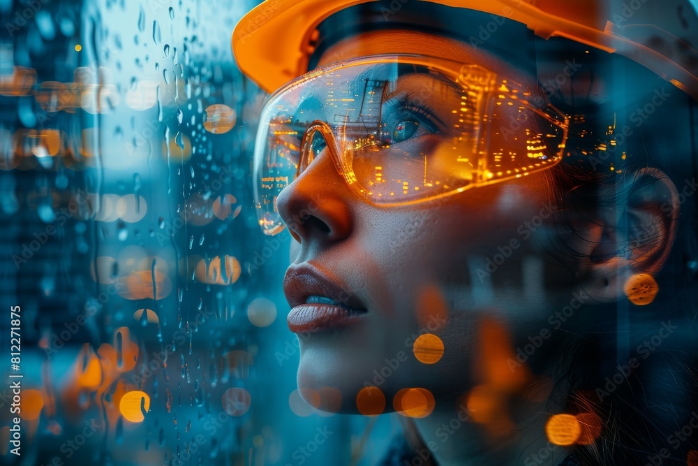 Poster a mysterious image capturing rain on a window with blurred city lights creating a moody bokeh effect