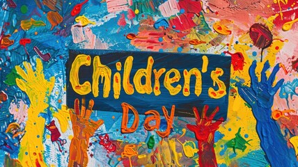 Colorful painting with handprints and "Children's Day" text