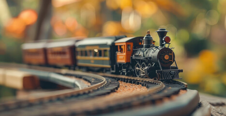 Miniature train set on tracks outdoors with blurred background