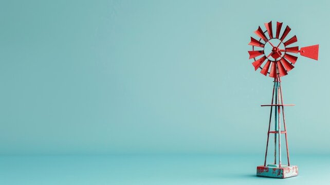 Miniature red windmill on blue background, suggesting simplicity and sustainability