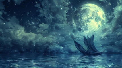 A mystical boat made of feathers, sailing across a moonlit sea under a canopy of stars