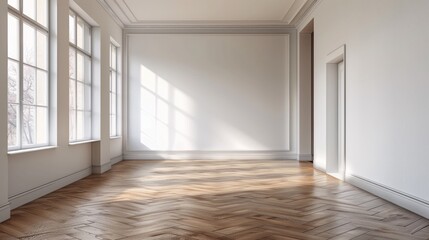 Fototapeta premium A empty room with a hardwood floor and windows, AI