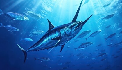 Obraz premium Giant Marlin fish in the ocean, beautiful view of marlin fish in the blue ocean