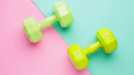 Obraz premium neon green and yellow dumbbells on pink and blue background for fitness and health