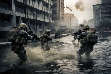 Group of soldiers wading through flooded urban streets, Soldiers trudging in water amidst city...