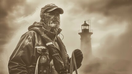 Grizzled mariner with rope near a coastal lighthouse on a foggy day Memorial Day