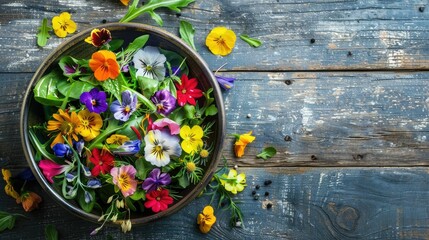 A colorful salad bowl decorated with edible flowers sits on a rustic wooden table, creating a beautiful and artistic display of natures bounty AIG50