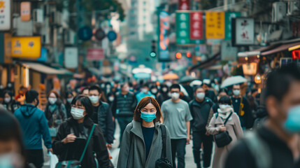 Group of People Wearing Face Masks on Hong Kong Street