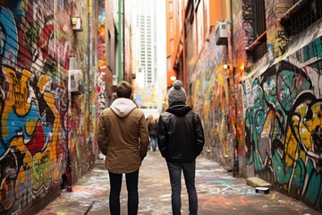 Two people walking through a vibrant alley covered in graffiti, A couple explores an urban street...