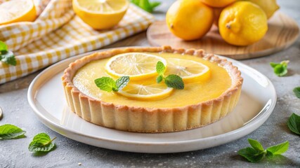 Traditional french lemon tart.a piece of lemon tart on a white plate decorated with lemons, food concept