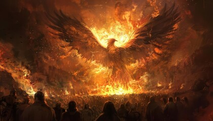A phoenix rising from a massive bonfire at a festival, illuminating the faces of onlookers in the crowd
