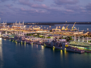 Obraz premium Aerial photo Military ships at Port Miami Fleet Week 2024
