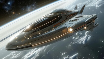 Conceptualize a guided tour spacecraft flying close to Saturn, providing tourists a closeup of its rings