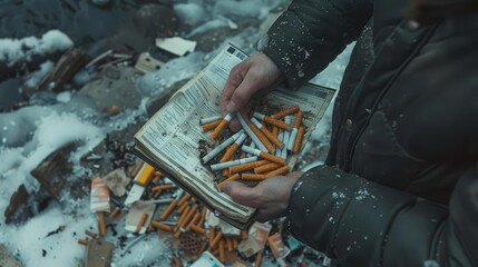 Conceptualize a person throwing out their lighter and cigarettes after reading a pamphlet about the risks of smoking
