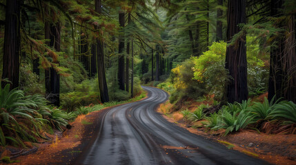 Fototapeta premium Scenic Road Lined With Trees in Redwood National Forest