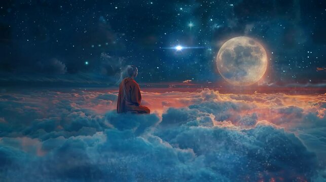 a monk meditating on a cloud on a beautiful full moon night. seamless looping time-lapse virtual 4K video Animation Background.