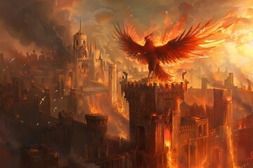 An ancient cityscape with a phoenix perching atop a crumbling tower, flames spreading down the walls