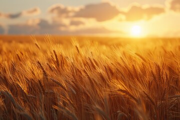 Obraz premium A serene view of a golden wheat field illuminated by a warm sunset, symbolizing harvest and abundance